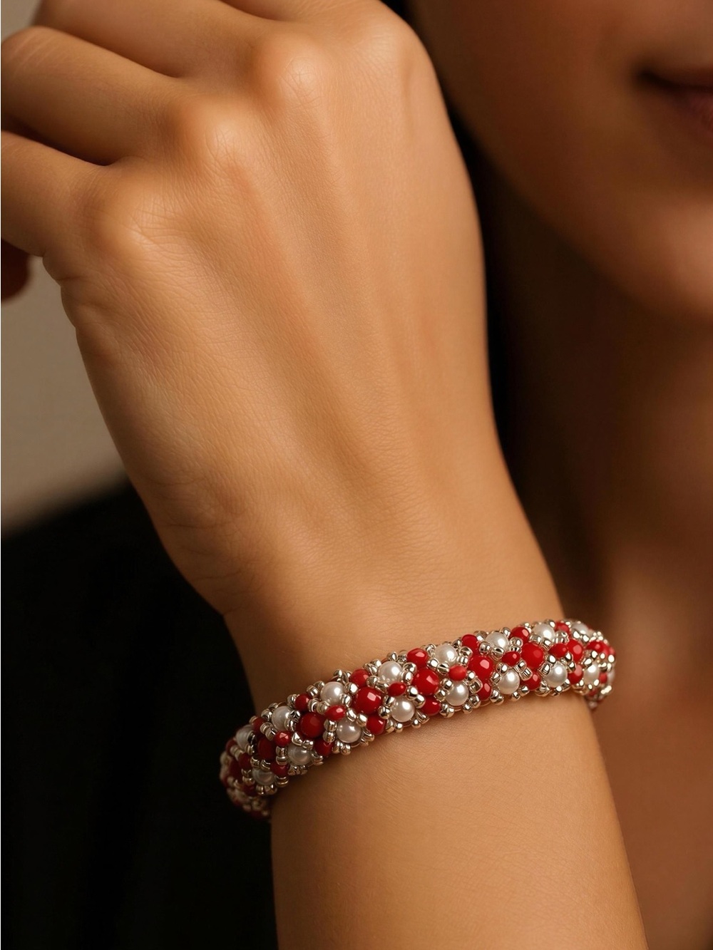 Red Beaded Pearl Cluster Bracelet - Women Jewelry
